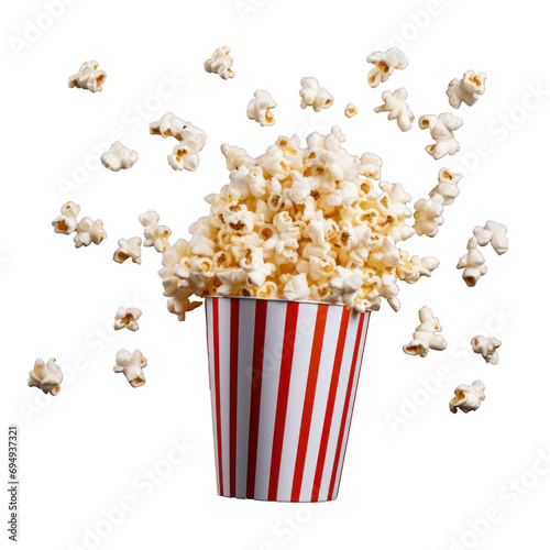 Popcorn in a traditional cardboard box or bucket, with pieces flying, floating in the air