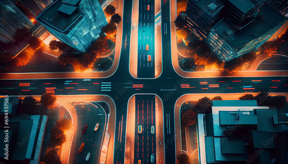 Overhead view of roads in a futuristic city with autonomous vehicles ...