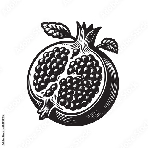 Pomegranate fruit. Vintage black engraving illustration. Monochrome vector icon. Isolated and cut