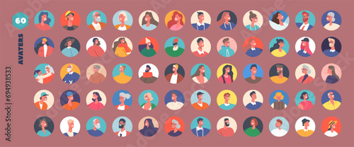 Set of People Avatars, Male and Female Characters with Different Appearance. Young and Mature Men or Women Portraits
