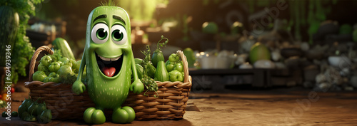Cute animation cucumber in basket. Vegetable & fruit design character. Funny 3D design copy space. Concept for healthy food photo