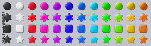 Buttons badge. 3D round pins. Glossy color magnets. Geometric stickers. Blank labels. Web frame or plastic disc. Bright star icons. Circles and squares. Vector mockup flat shapes set