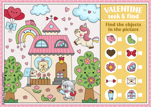 Vector Saint Valentine searching game with house and kawaii characters. Spot hidden objects in the picture. Simple love holiday seek and find printable activity with unicorn, cupid, hearts.