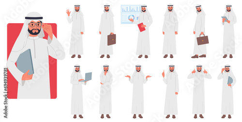 Arab man. Saudi people. Manager actions. Standing Islamic person with briefcase or laptop. Muslim businessman. Arabian lawyer. Emirates employee in traditional suit. Vector male poses set