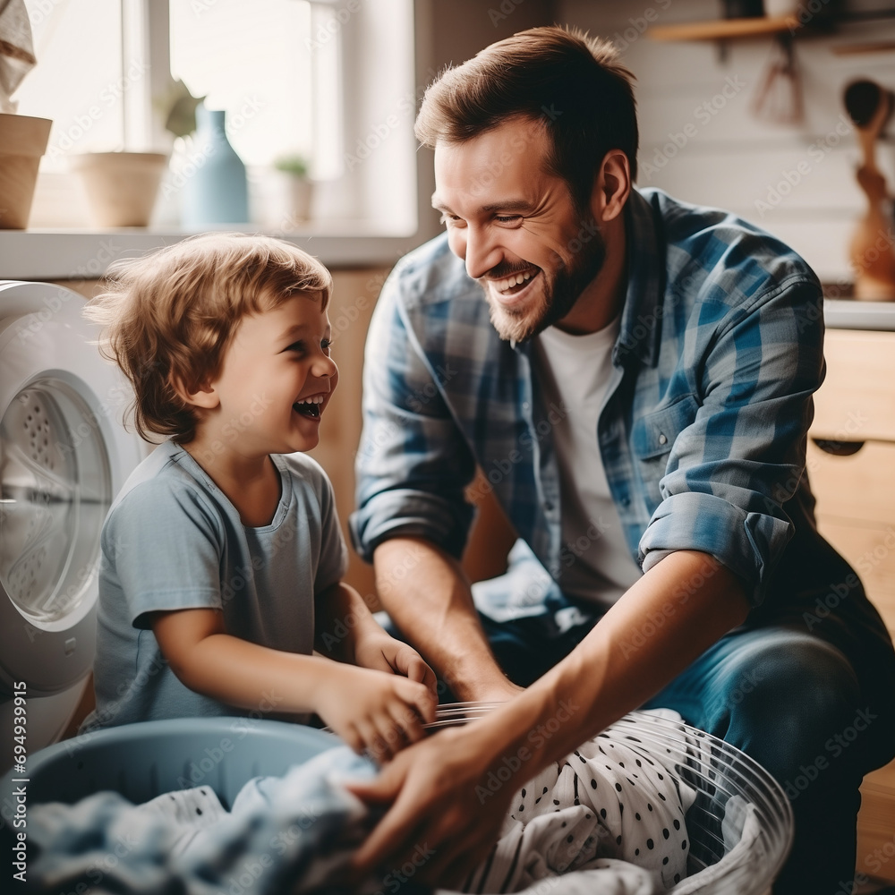 Obraz premium person in the laundry, father and son, happy relations
