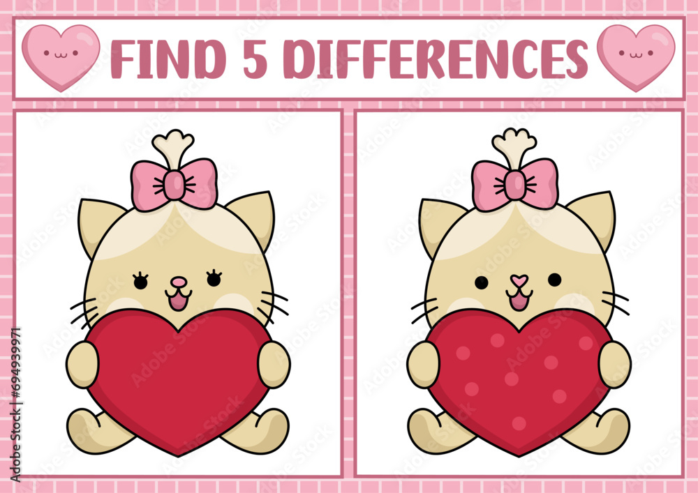 Saint Valentine kawaii find differences game for children. Attention skills activity with cute sitting cat with heart. Love holiday puzzle for kids. Printable what is different worksheet.