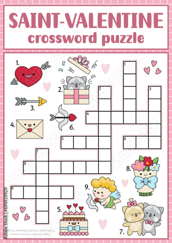 Vector Saint Valentine crossword puzzle for kids. Love holiday quiz for children. Educational activity with kawaii symbols. Cute English language cross word with cupid, heart, couple, cake, bouquet.