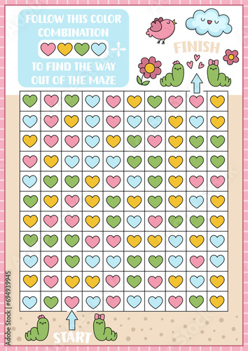 Saint Valentine maze, color recognition, seek and find game with hearts. Attention skills training puzzle. Kawaii activity for kid. Logical searching puzzle. Follow colour combination to find way