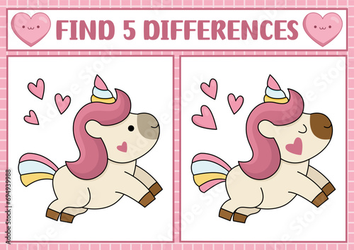 Saint Valentine kawaii find differences game for children. Attention skills activity with cute unicorn with heart on his cheek. Love holiday puzzle for kids. Printable what is different worksheet.