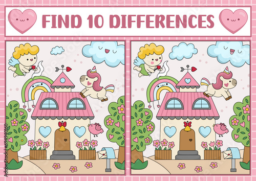 Saint Valentine kawaii find differences game for children. Attention skills activity with scene, cupid, house with hearts, unicorn. Love holiday puzzle for kids. Printable what is different worksheet