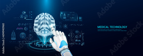 Robot index finger is touching a human brain. Medical health care with futuristic technology AI. Organ X ray examination and scan virtual simulation interface hologram. Banner vector.