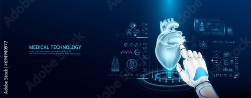 Robot index finger is touching a human heart. Medical health care with futuristic technology AI. Organ X ray examination and scan virtual simulation interface hologram. Banner vector. #694940977