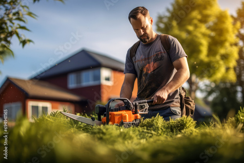 Person cutting grass with chainsaw and mower in the backyard background.