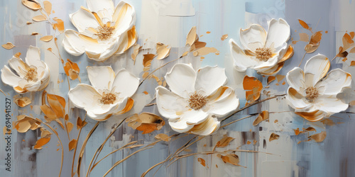Abstract oil painting White petals, flowers drawn with a palette knife on a blue background. photo