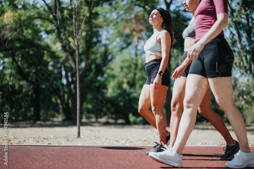 Fotografie Fit women running and jogging in a park, enjoying a sunny day and staying active