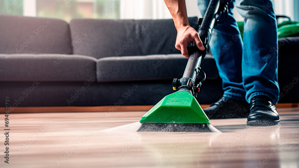Fototapeta premium cleaning carpet with vacuum cleaner in the apartment