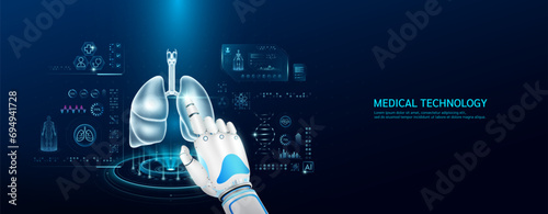 Robot index finger is touching a human lung. Medical health care with futuristic technology AI. Organ X ray examination and scan virtual simulation interface hologram. Banner vector.