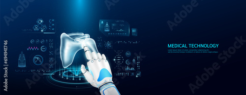 Robot index finger is touching a human shoulder. Medical health care with futuristic technology AI. Organ X ray examination and scan virtual simulation interface hologram. Banner vector.