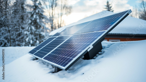 solar panels and snow on the roof of a house