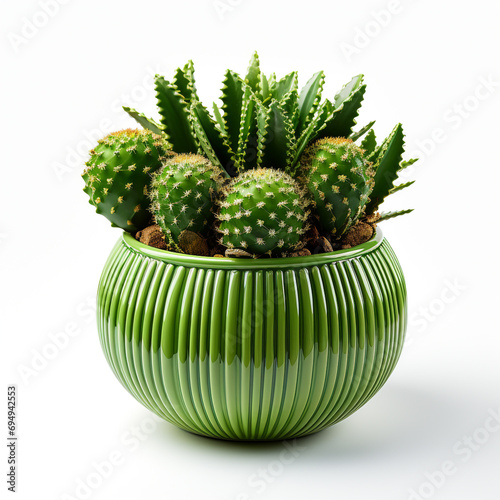 Cactus trees are planted in decorative round pots. Isolated o white background.