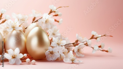 an Easter background with golden eggs and spring flowers Easter composition and decoration background