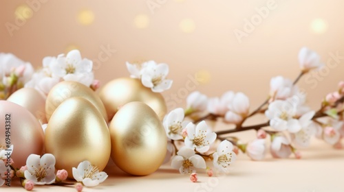 a golden Easter egg arrangement against a backdrop of spring flowers forms a delightful Easter composition.
