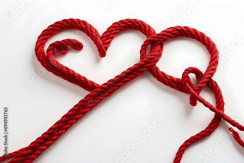 Hearts made of red rope on white background