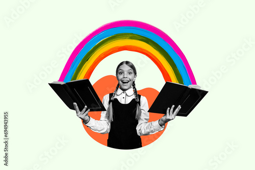Horizontal creative photo collage with cute impressed little school girl holding reading books rainbow growth from pages isolated