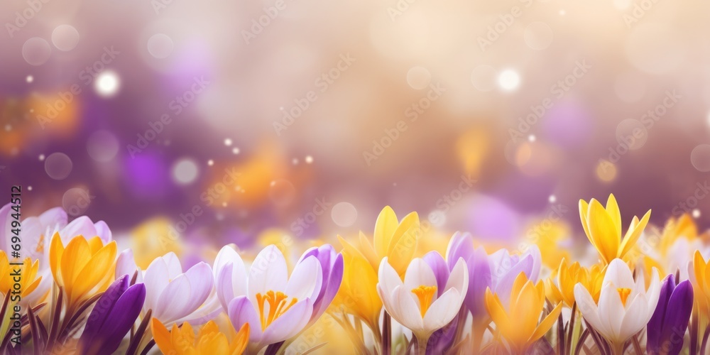 A bunch of purple and yellow flowers in a field, header, footer, panoramic banner image. - obrazy, fototapety, plakaty 