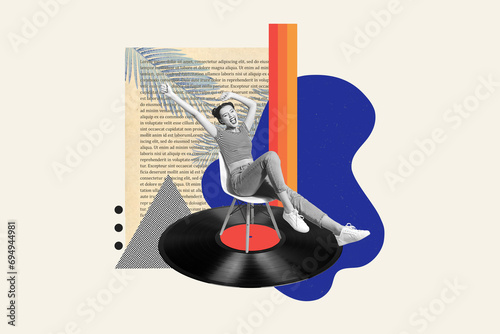 Creative photo collage picture exhausted yawning young girl clubber have rest relax sitting chair huge vinyl record nightclub photo