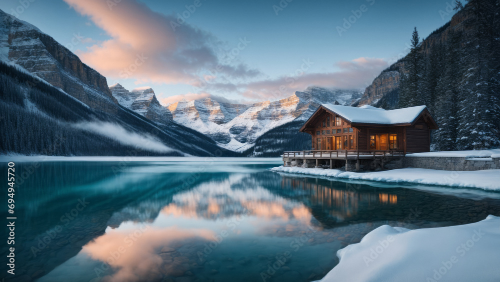 Beautiful view of a snow covered wooden lodge glowing in rocky mountains and pine forest. Beautiful winter landscape. - obrazy, fototapety, plakaty 