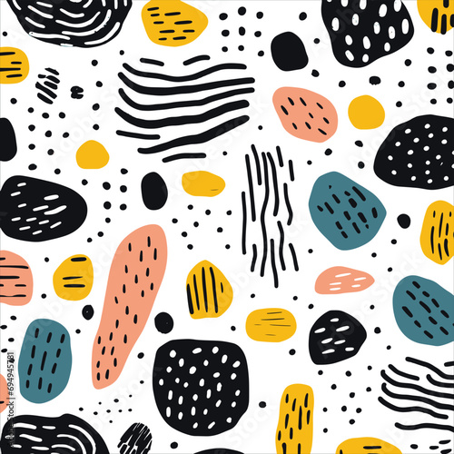 Hand drawn textures. Isolated vector illustration. Seamless pattern, trendy design elements. Set of background texture drops, line, points, wave, freehand shape. Ornament in grunge style.