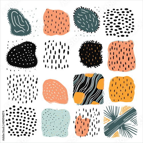 Hand drawn textures. Isolated vector illustration. Seamless pattern, trendy design elements. Set of background texture drops, line, points, wave, freehand shape. Ornament in grunge style.