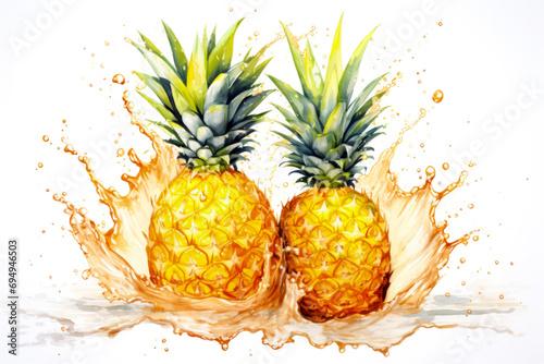 Juicy Watercolor Pineapple Splash on White Background 