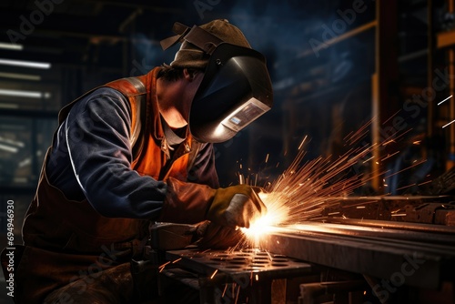welder is welding metal, Building welder in a safety helmet welding a steel structure at a construction site Ai generated