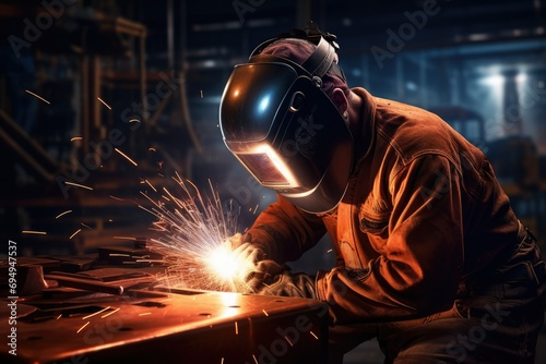welder is welding metal, Building welder in a safety helmet welding a steel structure at a construction site Ai generated © Tanu