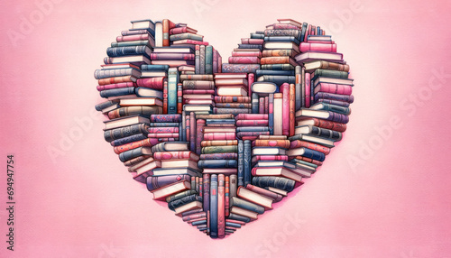 Valentines Day greeting card with Heart Shape Made from Pink Books. Watercolor Illustration of a heart shape formed by various pink books, Love story, love for reading and knowledge. photo