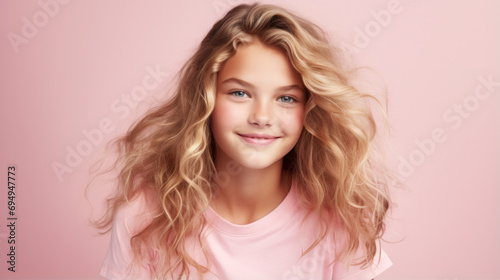 Young caucasian girl with blue eyes standing wearing elegant shirt over studio background, relax profile pose with natural face with confident smile.