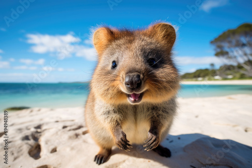 A quokka, happy and fluffy, on the sunny beach of Rottnest Island