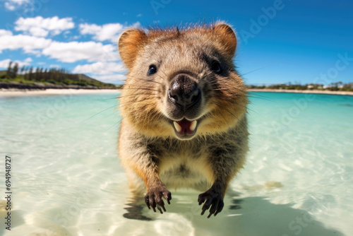 A quokka, happy and fluffy, on the sunny beach of Rottnest Island