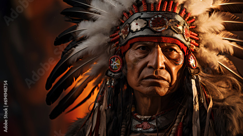 Portrait of a Native American chief, adorned with a vibrant and detailed feathered headdress