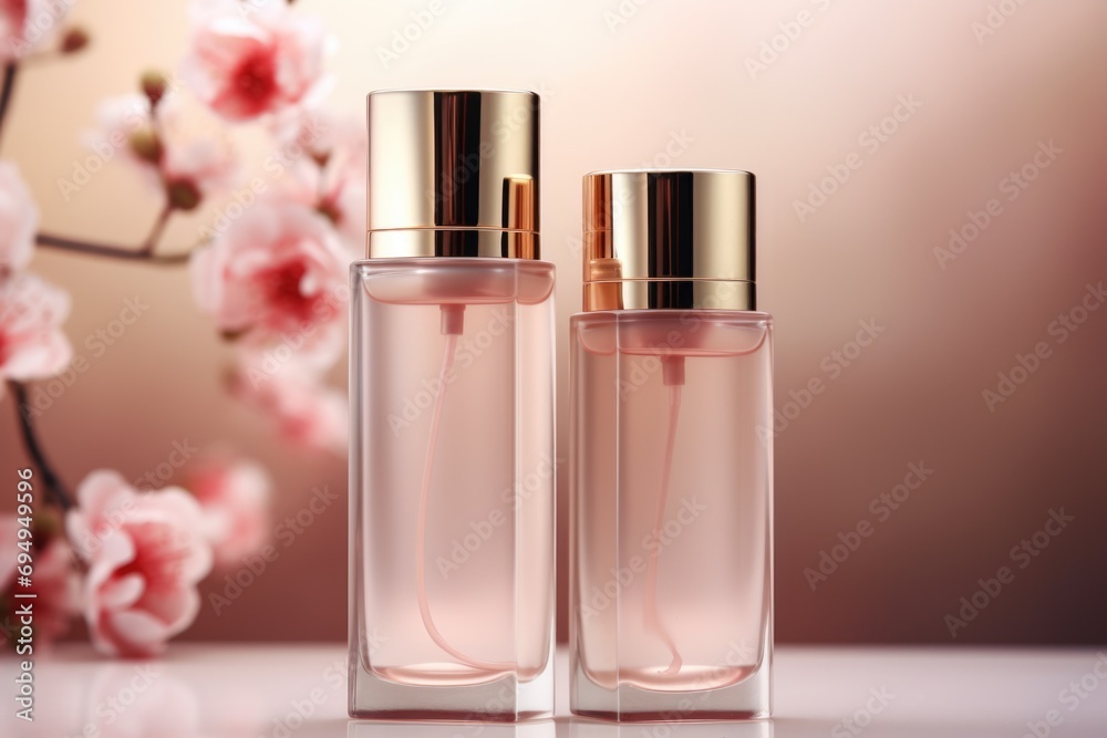 A couple of perfume bottles sitting on top of a table A couple of perfume bottles sitting on top of a table
