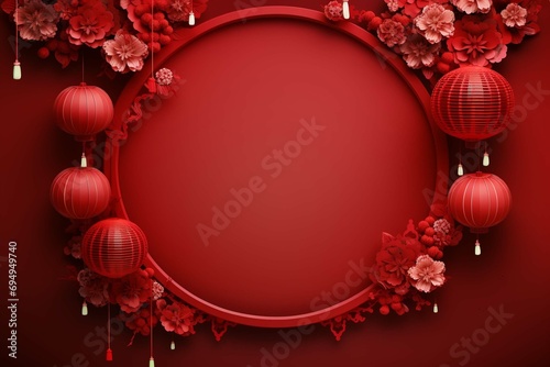Chinese New Year Template with Circle Frame and Lanterns on 3D Patterned Background. copy space 