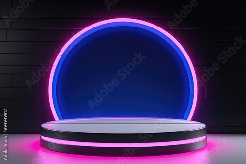 An empty platform with a neon light in the middle of it, podium, stage, mockup for beauty product.