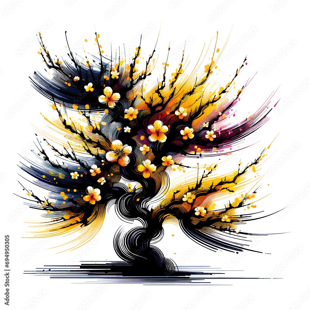 A blooming cherry blossom in spectral calligraphy style, black and yellow