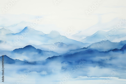Watercolor illustration blue background drawing art nature view abstract mountains background sky hill landscape