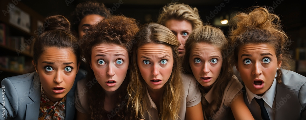 A funny photo of a group of business people in a office team looking at the camera with confused and surprised mood with big ball eyes and open mouth 