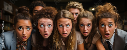 A funny photo of a group of business people in a office team looking at the camera with confused and surprised mood with big ball eyes and open mouth  photo