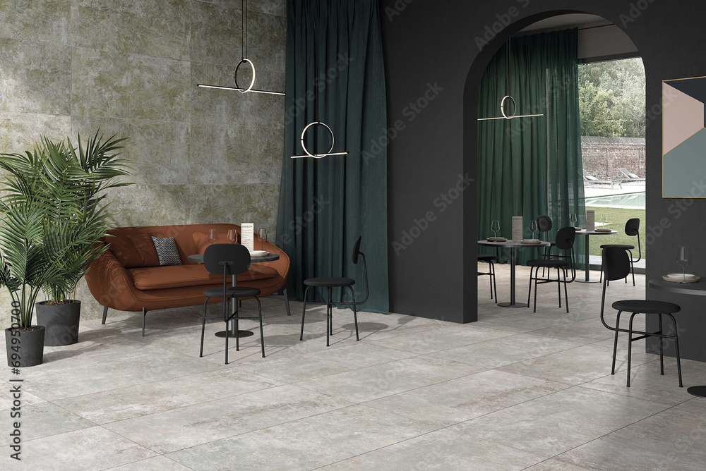 Obraz premium Luxury cafe interior with grey marble floor an walls, brown sofa in waiting area, black table and chairs, fresh plants at corner. 3D Rendering