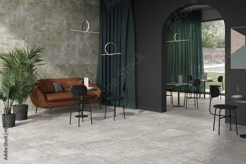 Luxury cafe interior with grey marble floor an walls, brown sofa in waiting area, black table and chairs, fresh plants at corner. 3D Rendering photo